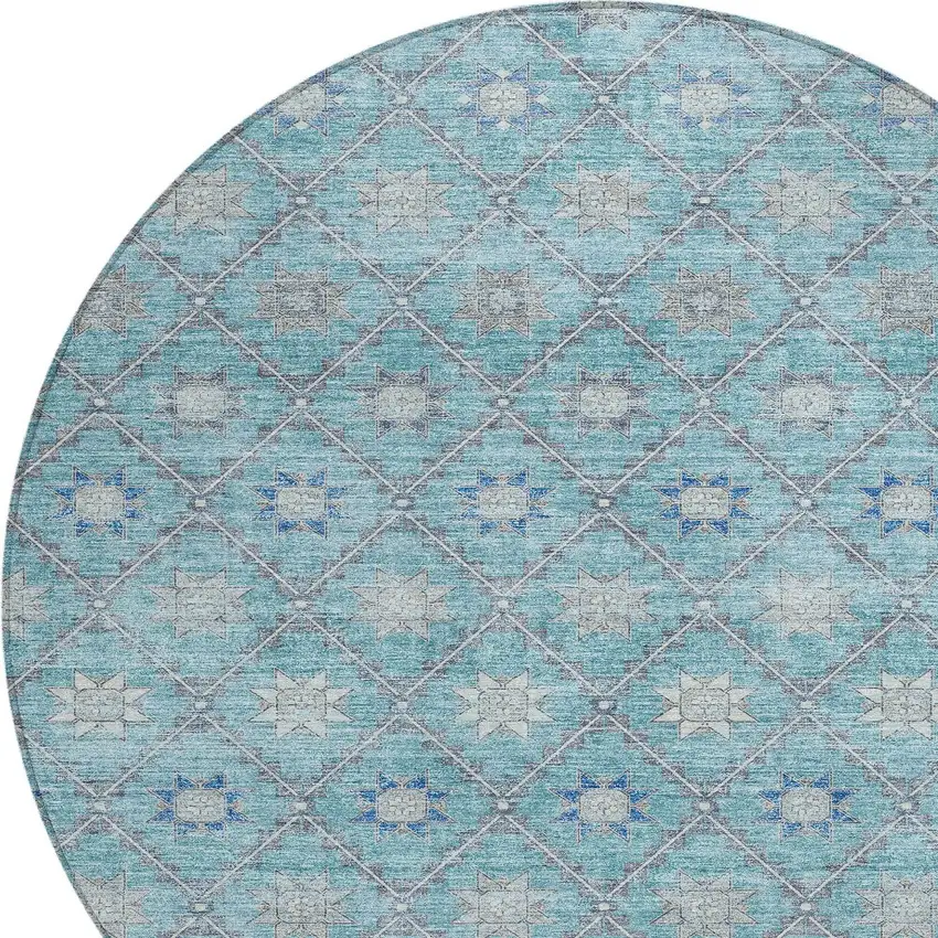 8' Teal Blue And Gray Round Floral Washable Indoor Outdoor Area Rug Photo 9