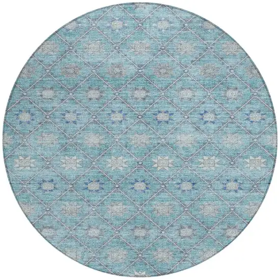 8' Teal Blue And Gray Round Floral Washable Indoor Outdoor Area Rug Photo 4
