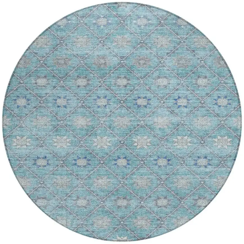 8' Teal Blue And Gray Round Floral Washable Indoor Outdoor Area Rug Photo 4