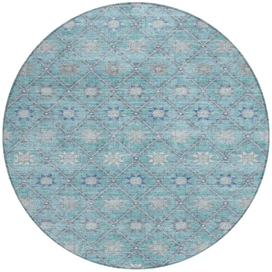 8' Teal Blue And Gray Round Floral Washable Indoor Outdoor Area Rug Photo 3