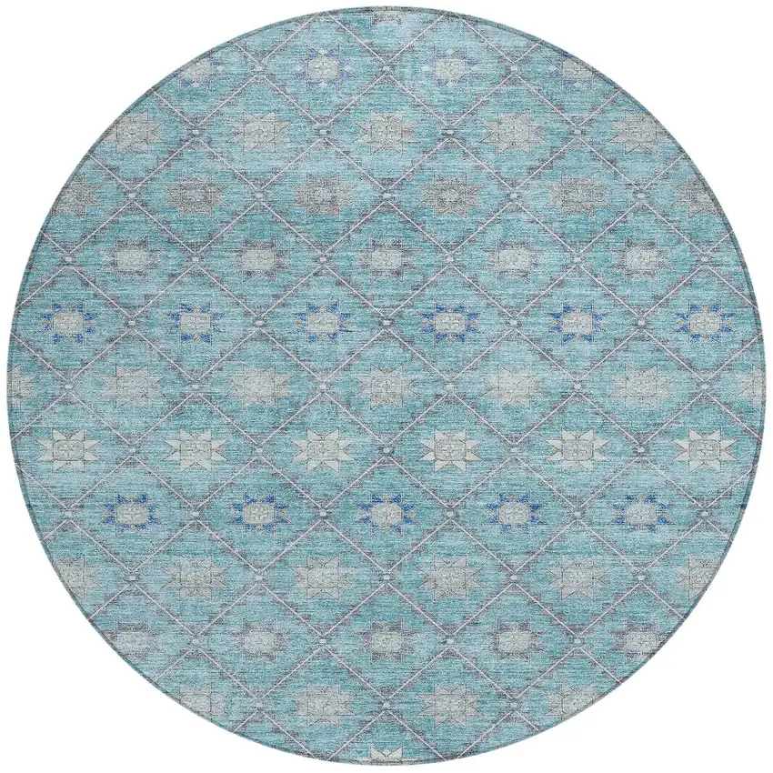 8' Teal Blue And Gray Round Floral Washable Indoor Outdoor Area Rug Photo 3