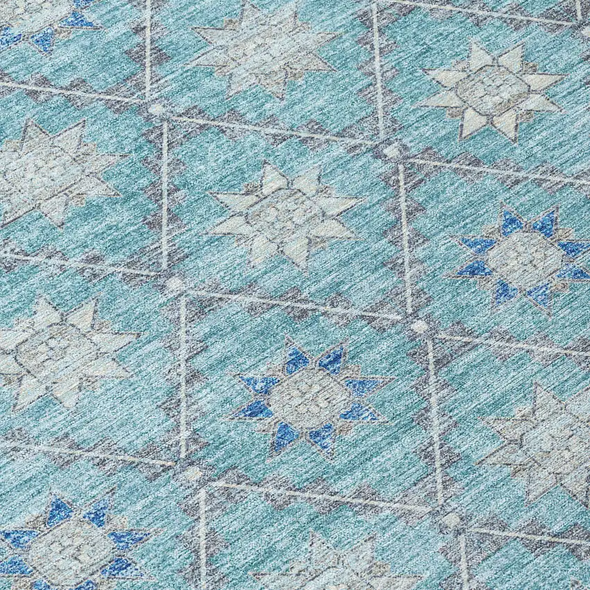 8' Teal Blue And Gray Round Floral Washable Indoor Outdoor Area Rug Photo 8