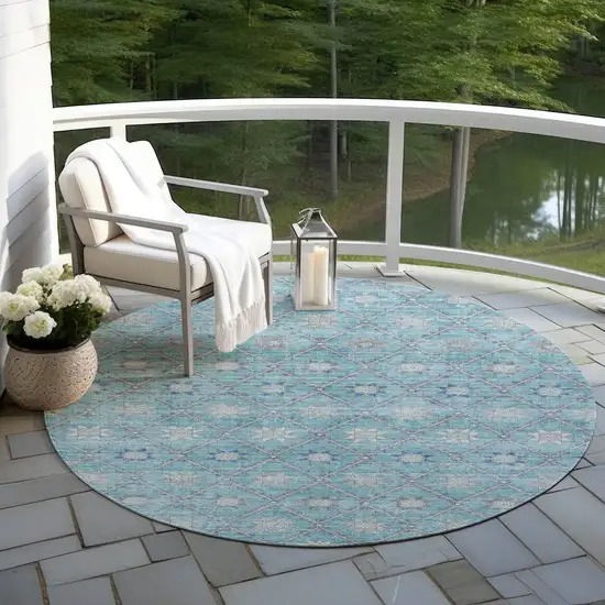 8' Teal Blue And Gray Round Floral Washable Indoor Outdoor Area Rug Photo 5