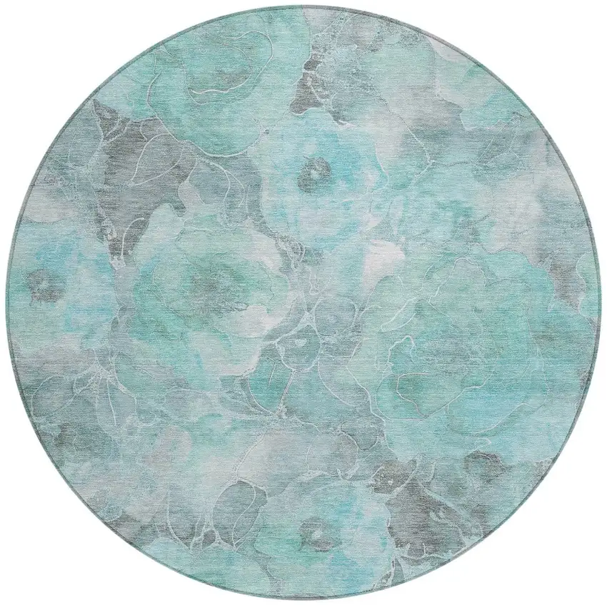 8' Teal Blue And Gray Round Floral Washable Indoor Outdoor Area Rug Photo 3