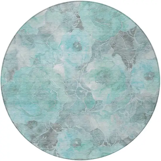 8' Teal Blue And Gray Round Floral Washable Indoor Outdoor Area Rug Photo 4