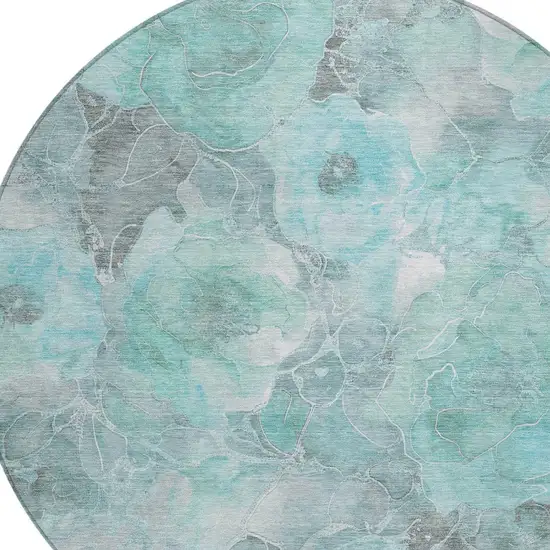8' Teal Blue And Gray Round Floral Washable Indoor Outdoor Area Rug Photo 8
