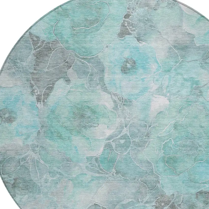 8' Teal Blue And Gray Round Floral Washable Indoor Outdoor Area Rug Photo 8