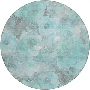 Photo of 8' Teal Blue And Gray Round Floral Washable Indoor Outdoor Area Rug