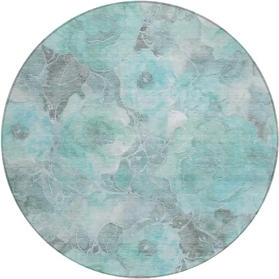 8' Teal Blue And Gray Round Floral Washable Indoor Outdoor Area Rug Photo 1