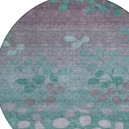 8' Teal Blue And Gray Round Floral Washable Indoor Outdoor Area Rug Photo 7