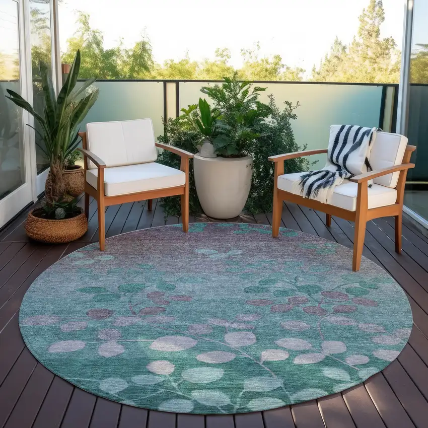 8' Teal Blue And Gray Round Floral Washable Indoor Outdoor Area Rug Photo 5