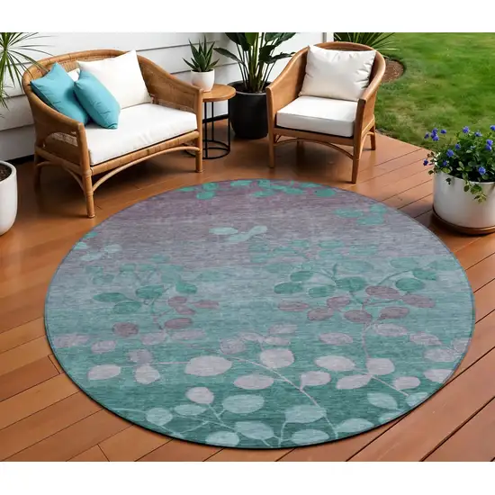 8' Teal Blue And Gray Round Floral Washable Indoor Outdoor Area Rug Photo 2