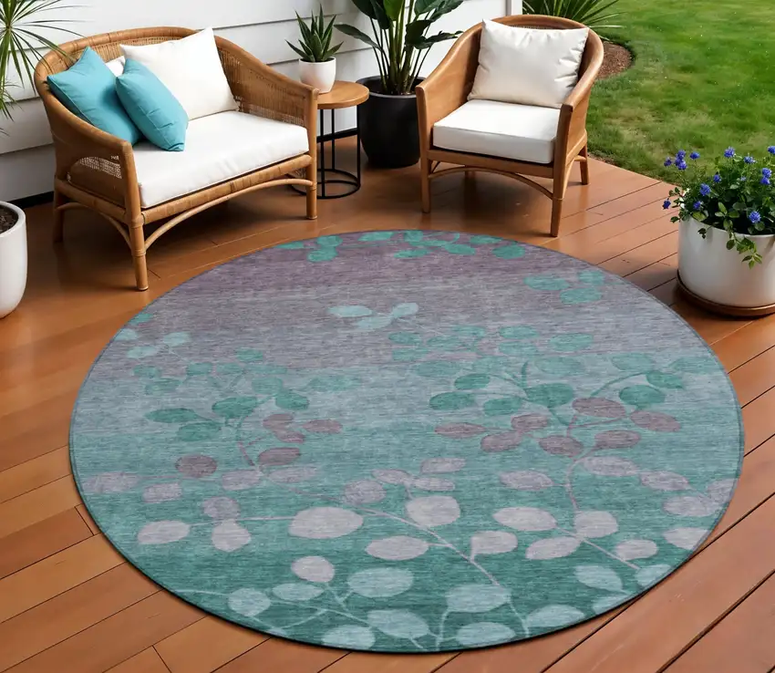 8' Teal Blue And Gray Round Floral Washable Indoor Outdoor Area Rug Photo 2