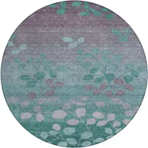 Photo of 8' Teal Blue And Gray Round Floral Washable Indoor Outdoor Area Rug