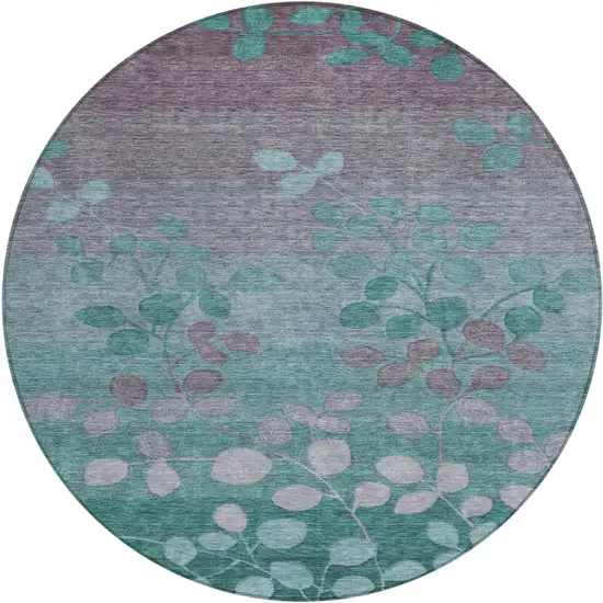 8' Teal Blue And Gray Round Floral Washable Indoor Outdoor Area Rug Photo 1