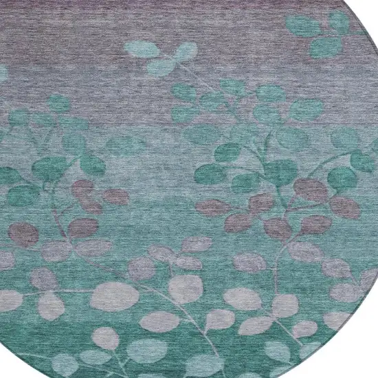 8' Teal Blue And Gray Round Floral Washable Indoor Outdoor Area Rug Photo 4
