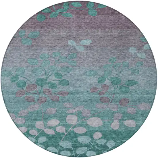 8' Teal Blue And Gray Round Floral Washable Indoor Outdoor Area Rug Photo 3
