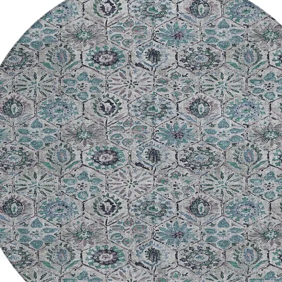 8' Teal Blue And Gray Round Floral Washable Indoor Outdoor Area Rug Photo 8