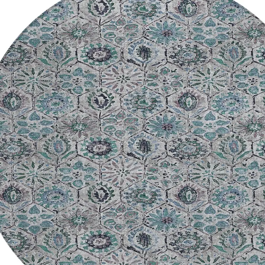 8' Teal Blue And Gray Round Floral Washable Indoor Outdoor Area Rug Photo 8