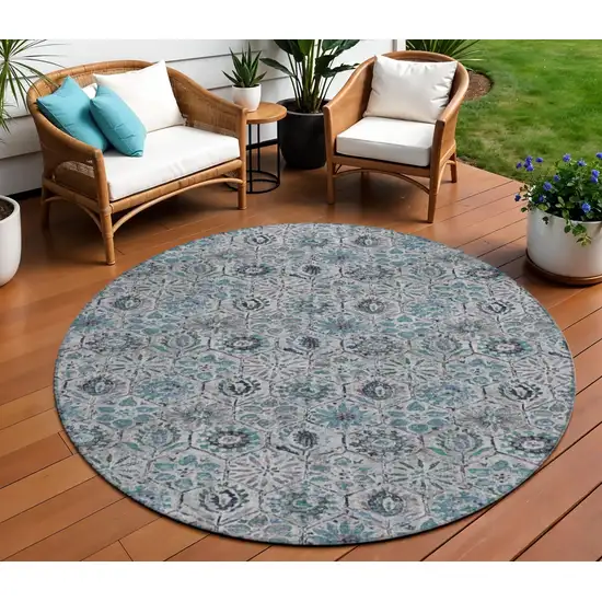 8' Teal Blue And Gray Round Floral Washable Indoor Outdoor Area Rug Photo 2
