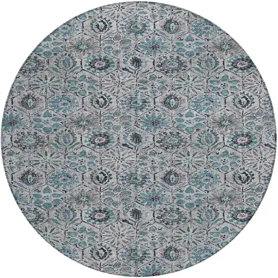 8' Teal Blue And Gray Round Floral Washable Indoor Outdoor Area Rug Photo 1