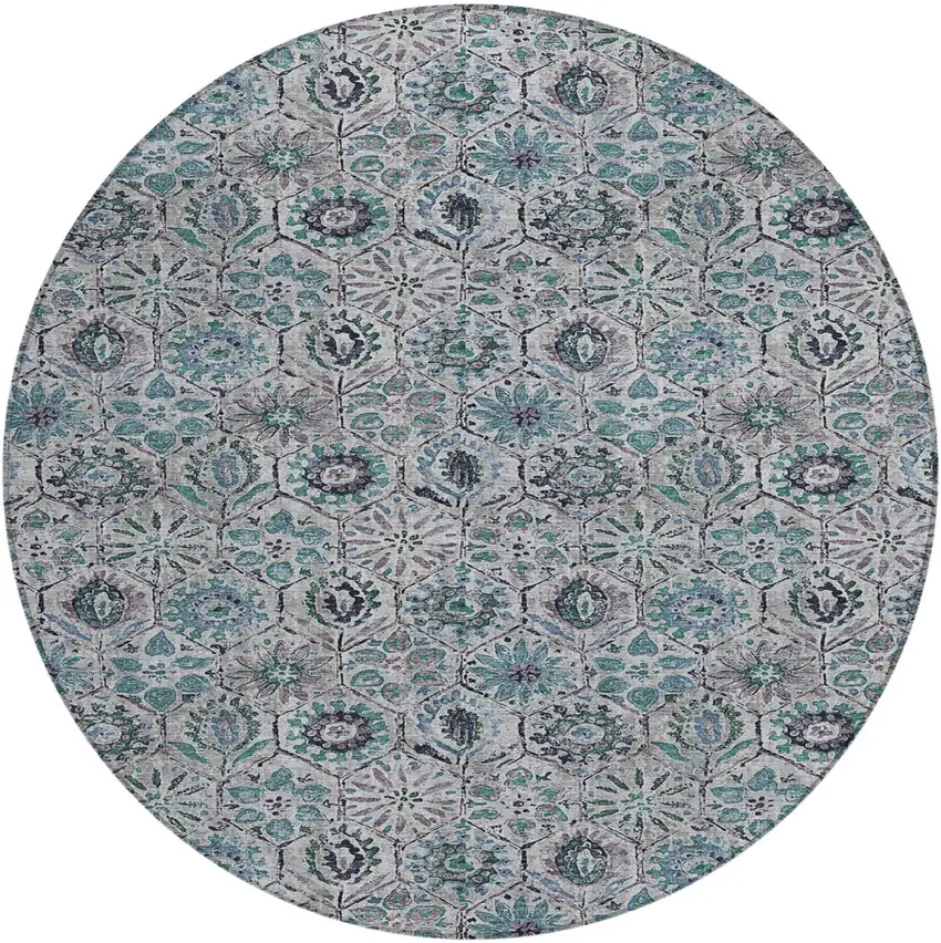 8' Teal Blue And Gray Round Floral Washable Indoor Outdoor Area Rug Photo 1