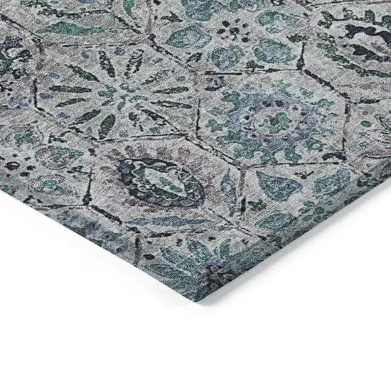 8' Teal Blue And Gray Round Floral Washable Indoor Outdoor Area Rug Photo 7