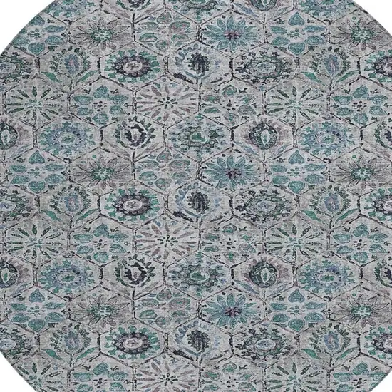 8' Teal Blue And Gray Round Floral Washable Indoor Outdoor Area Rug Photo 4