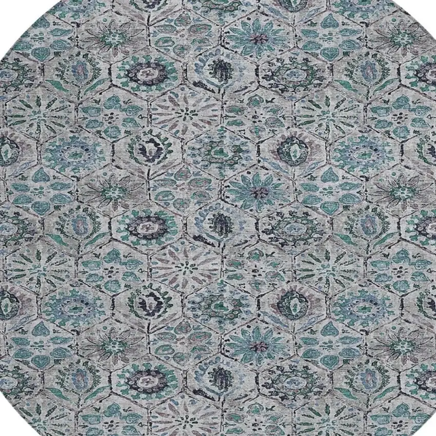 8' Teal Blue And Gray Round Floral Washable Indoor Outdoor Area Rug Photo 4