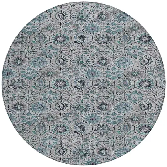 8' Teal Blue And Gray Round Floral Washable Indoor Outdoor Area Rug Photo 3