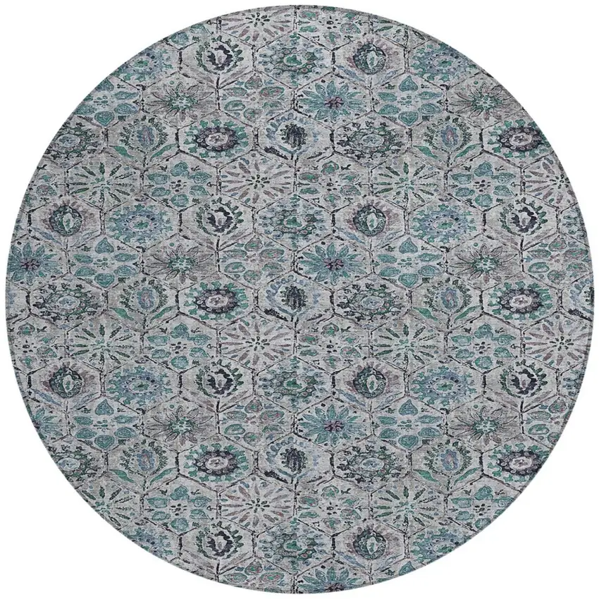 8' Teal Blue And Gray Round Floral Washable Indoor Outdoor Area Rug Photo 3