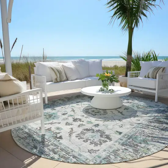 8' Teal Blue And Gray Round Floral Washable Indoor Outdoor Area Rug Photo 5