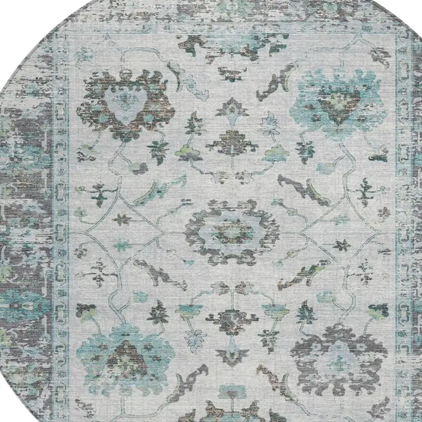 8' Teal Blue And Gray Round Floral Washable Indoor Outdoor Area Rug Photo 9