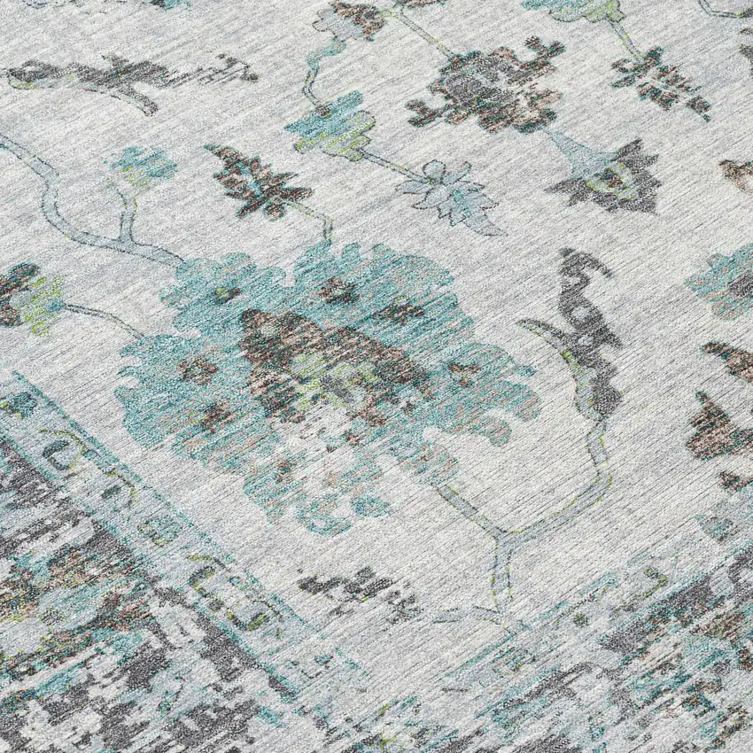 8' Teal Blue And Gray Round Floral Washable Indoor Outdoor Area Rug Photo 8