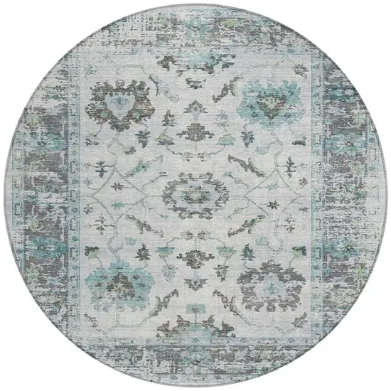 8' Teal Blue And Gray Round Floral Washable Indoor Outdoor Area Rug Photo 3