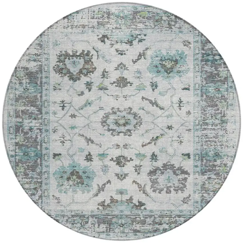 8' Teal Blue And Gray Round Floral Washable Indoor Outdoor Area Rug Photo 3