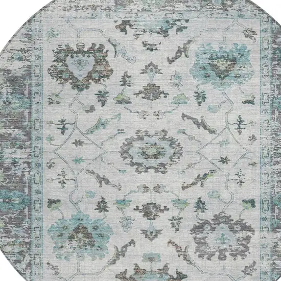 8' Teal Blue And Gray Round Floral Washable Indoor Outdoor Area Rug Photo 4