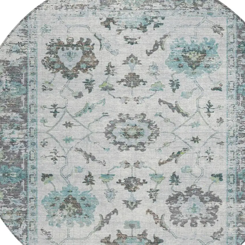 8' Teal Blue And Gray Round Floral Washable Indoor Outdoor Area Rug Photo 4