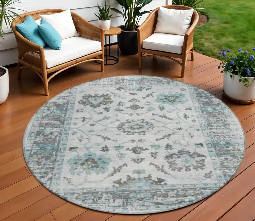 8' Teal Blue And Gray Round Floral Washable Indoor Outdoor Area Rug Photo 2