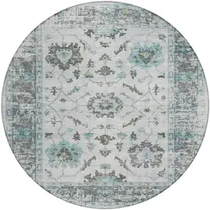 Photo of 8' Teal Blue And Gray Round Floral Washable Indoor Outdoor Area Rug