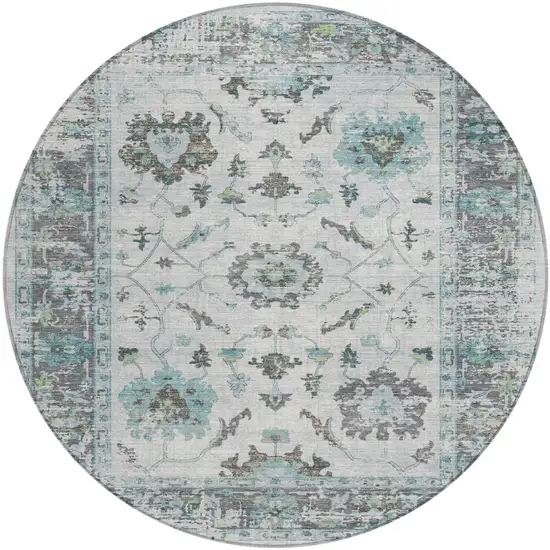 8' Teal Blue And Gray Round Floral Washable Indoor Outdoor Area Rug Photo 1