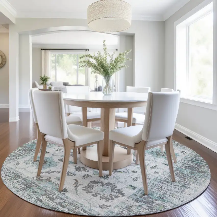 8' Teal Blue And Gray Round Floral Washable Indoor Outdoor Area Rug Photo 6