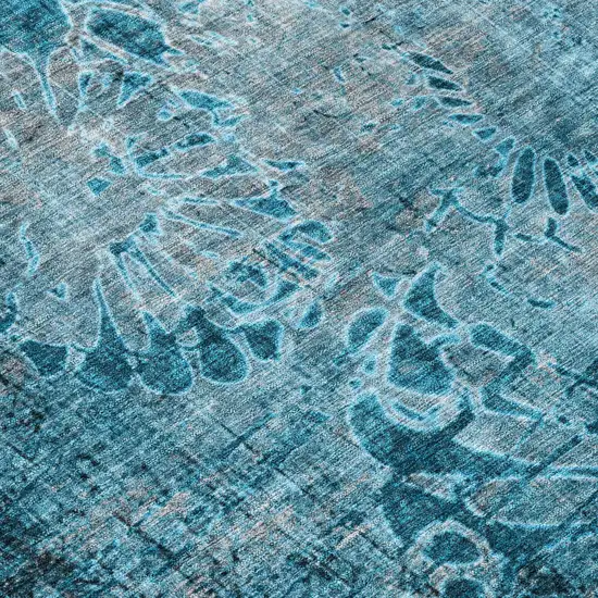8' Teal Blue And Gray Round Floral Washable Indoor Outdoor Area Rug Photo 9