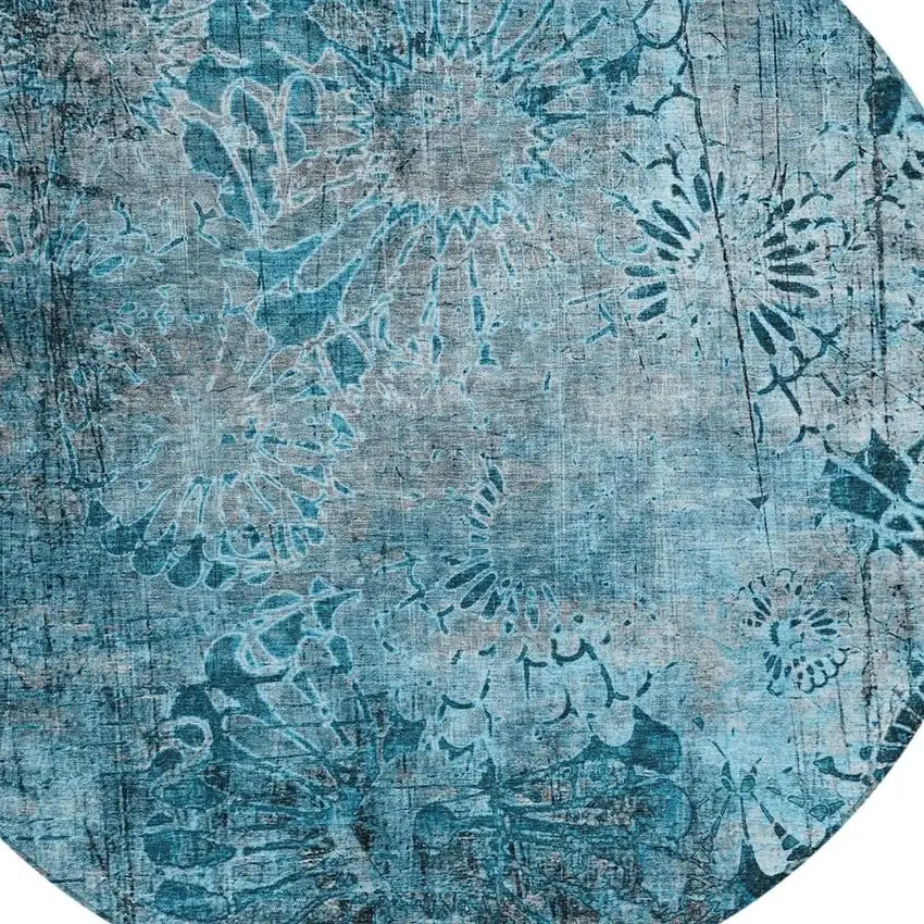 8' Teal Blue And Gray Round Floral Washable Indoor Outdoor Area Rug Photo 6