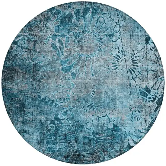 8' Teal Blue And Gray Round Floral Washable Indoor Outdoor Area Rug Photo 4