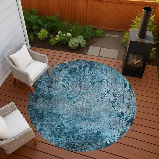 8' Teal Blue And Gray Round Floral Washable Indoor Outdoor Area Rug Photo 7