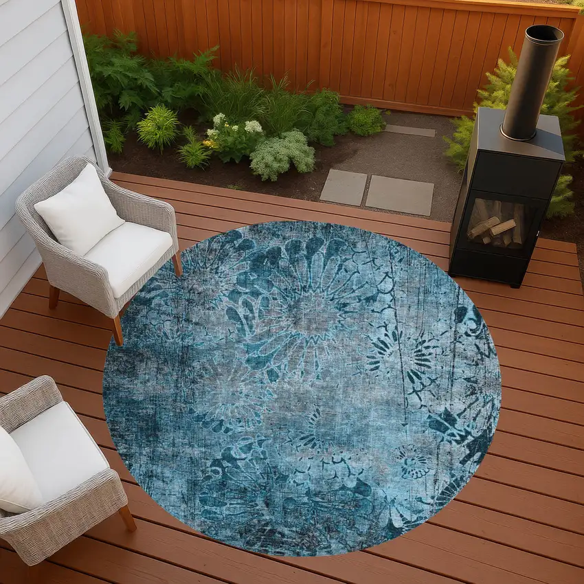 8' Teal Blue And Gray Round Floral Washable Indoor Outdoor Area Rug Photo 7
