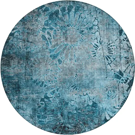 8' Teal Blue And Gray Round Floral Washable Indoor Outdoor Area Rug Photo 2