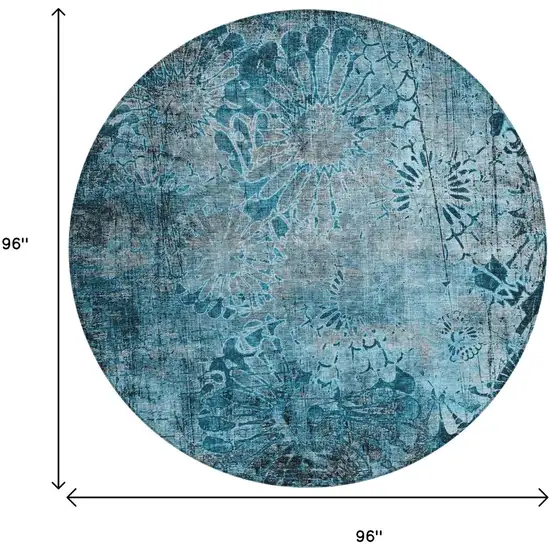 8' Teal Blue And Gray Round Floral Washable Indoor Outdoor Area Rug Photo 3