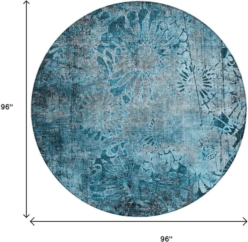 8' Teal Blue And Gray Round Floral Washable Indoor Outdoor Area Rug Photo 3